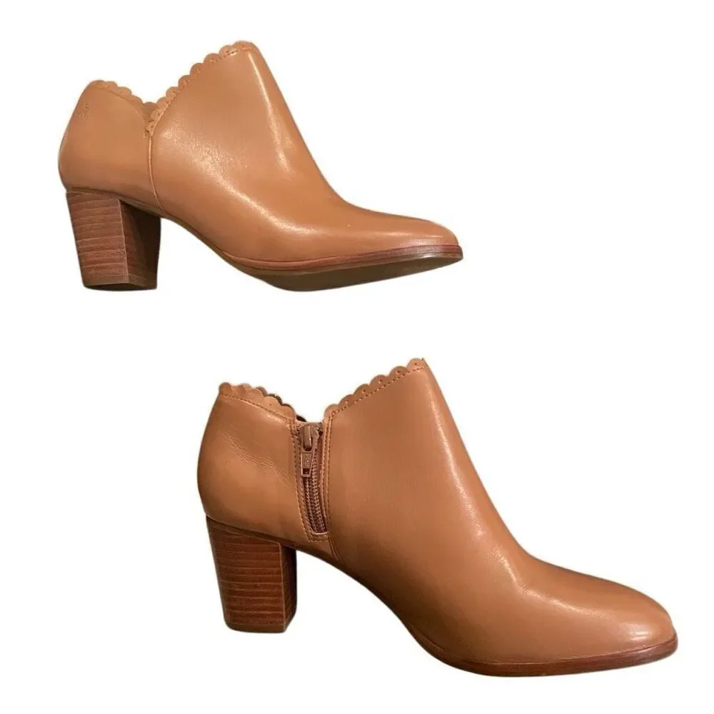 Jack Rogers Womens Marianne Scalloped Edge Booties 7.5M Tan Leather Stacked Heel